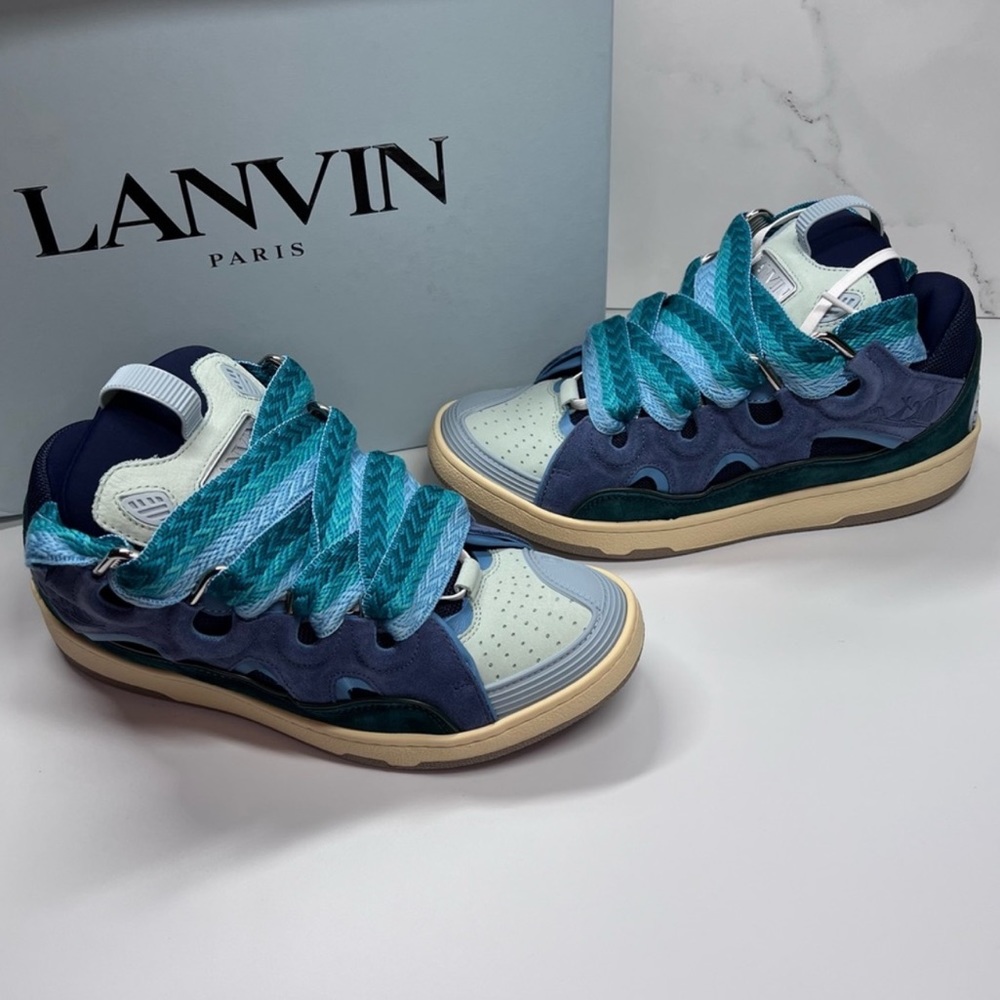 Lanvin Curb Skate Shoes Blue Green Suede Leather Braided Laces Sneakers